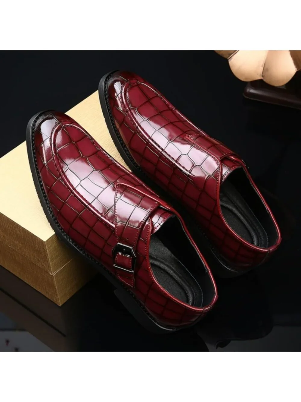 Men's Red Monk Strap Dress Loafer Shoes Retro Leather Oxfords Shoes